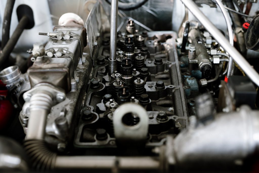 Part of engine or motor of large machine or car during technical repair