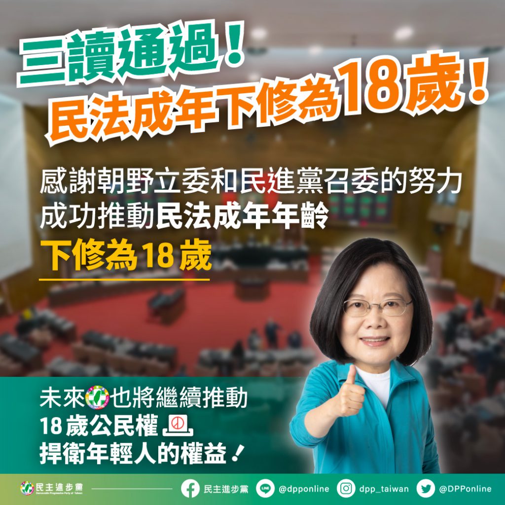 民法成年下修為 18 歲，民進黨表示往後將繼續推動 18 歲公民權。