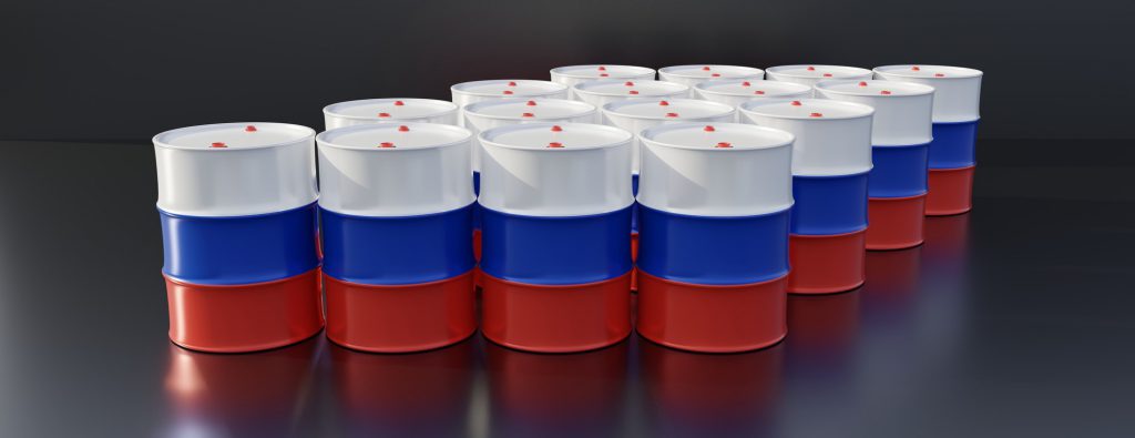 Oil petroleum industry in Russia, Russian flag petrol and gas barrel on black background. 3d render