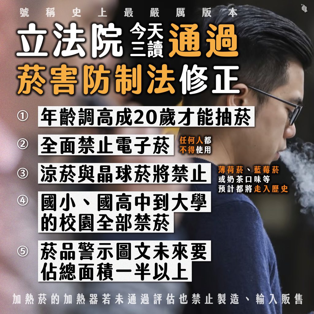 《菸害防制法》修正包括全面禁止電子煙、涼菸及晶球,納管加熱菸及載具,並提高菸品警示圖文比例至 50 %、禁菸年齡升至 20 歲,校園內則全面禁菸/圖:青民協